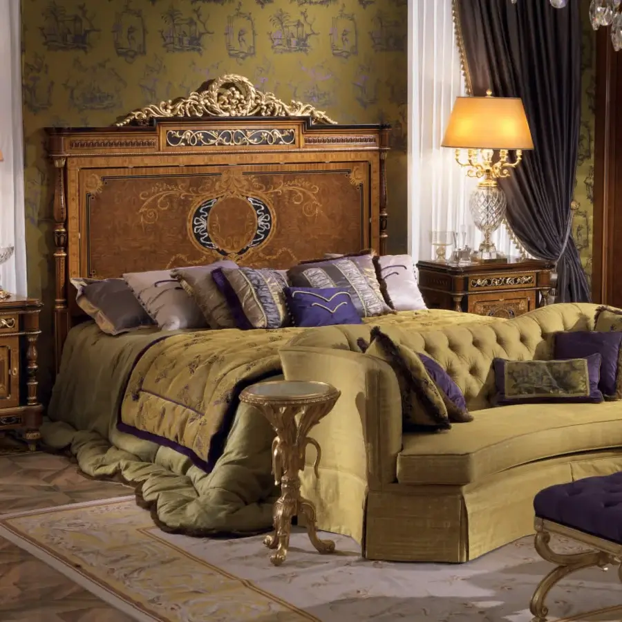 Exquisite Armando Rho A1189 nightstand crafted in satinwood, walnut Persian burl and ebony with mother-of-pearl inlays and gilded accents