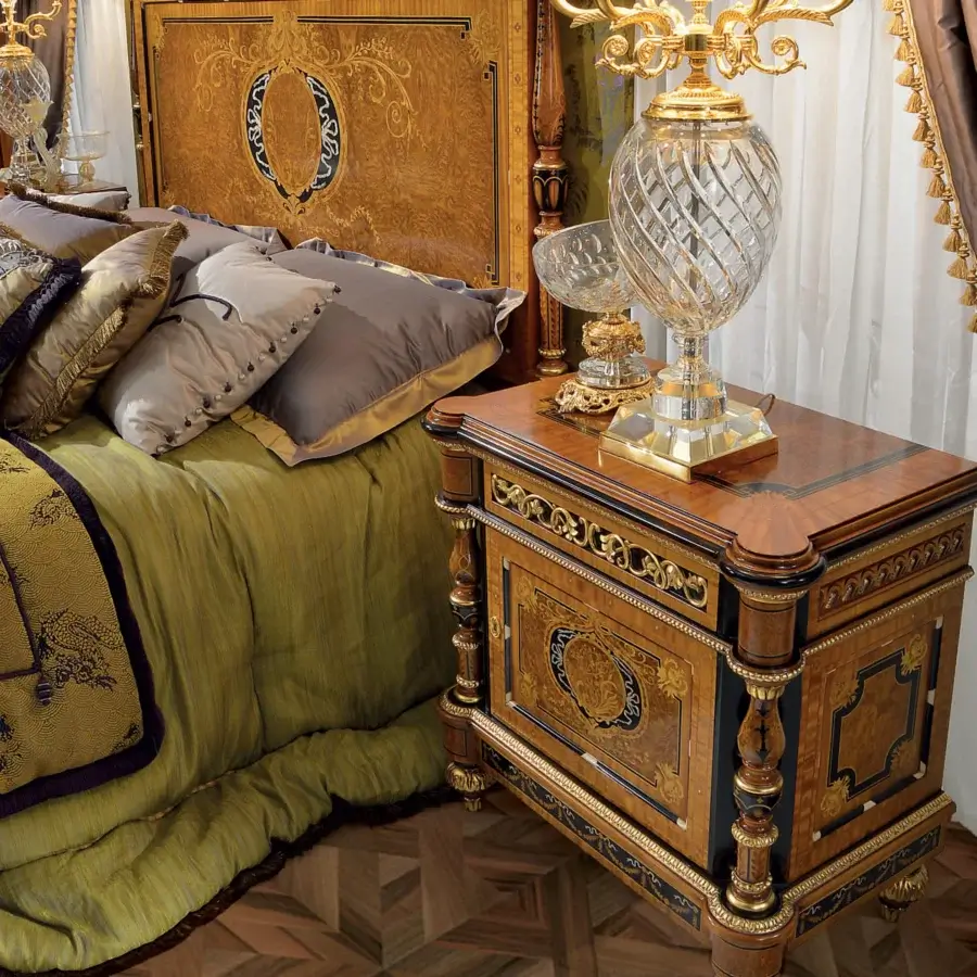 Lavish Armando Rho A1189 nightstand built in satinwood, walnut Persian burl and ebony with mother-of-pearl inlays and warm brown finish