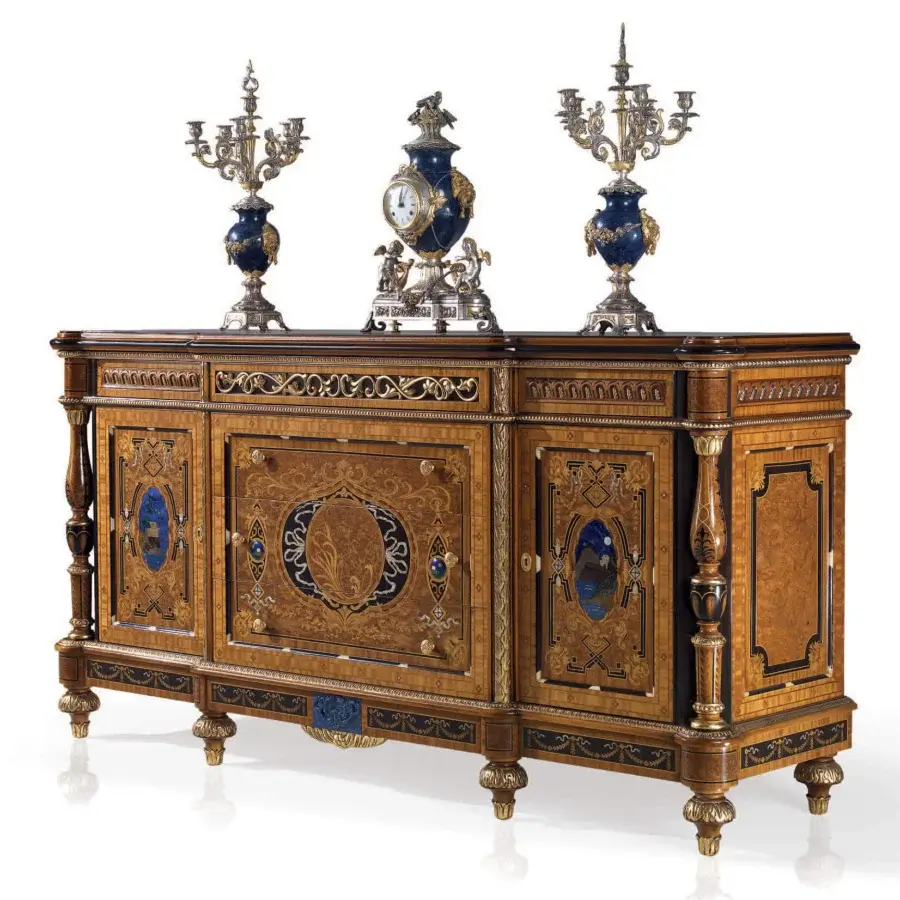Lavish Armando Rho 1188 dresser crafted from satinwood, walnut Persian burl and ebony with luminous mother-of-pearl inlays and gilded metal detailing