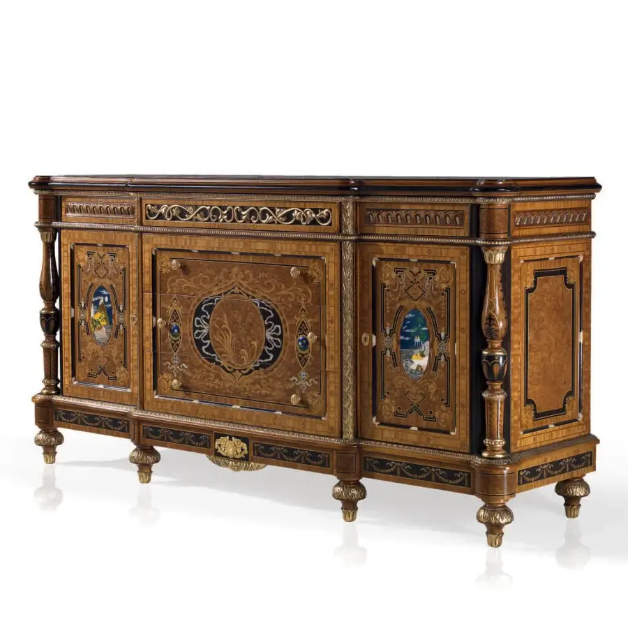 Exceptional Armando Rho 1188 dresser crafted with satinwood, walnut Persian burl and ebony, showcasing luminous mother-of-pearl inlays