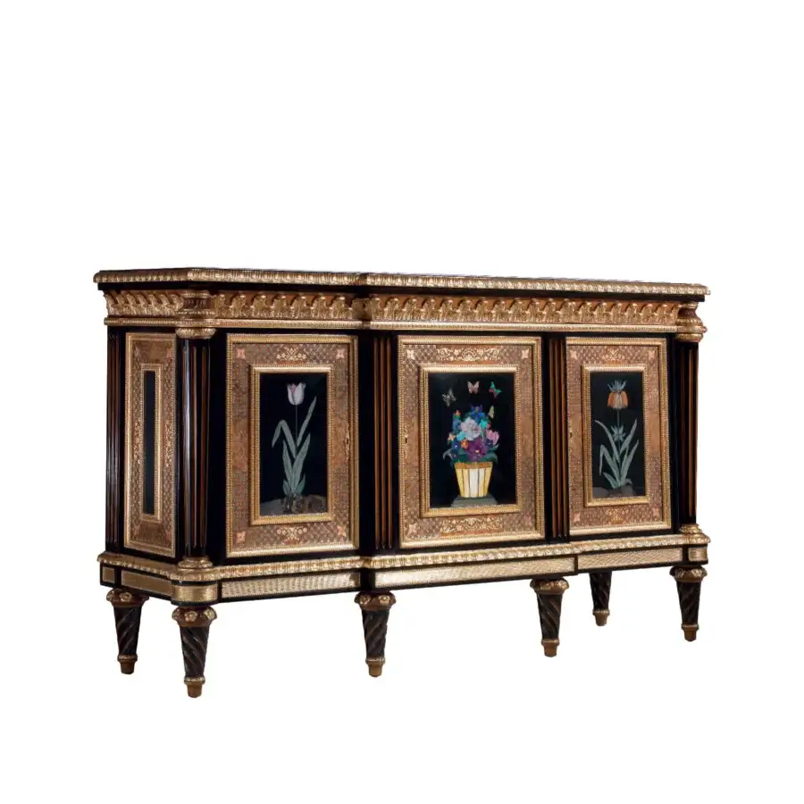 Distinguished Armando Rho A1206 sideboard crafted with walnut Persian burl and deep ebony, exhibiting precious stone inlays and a glossy finish