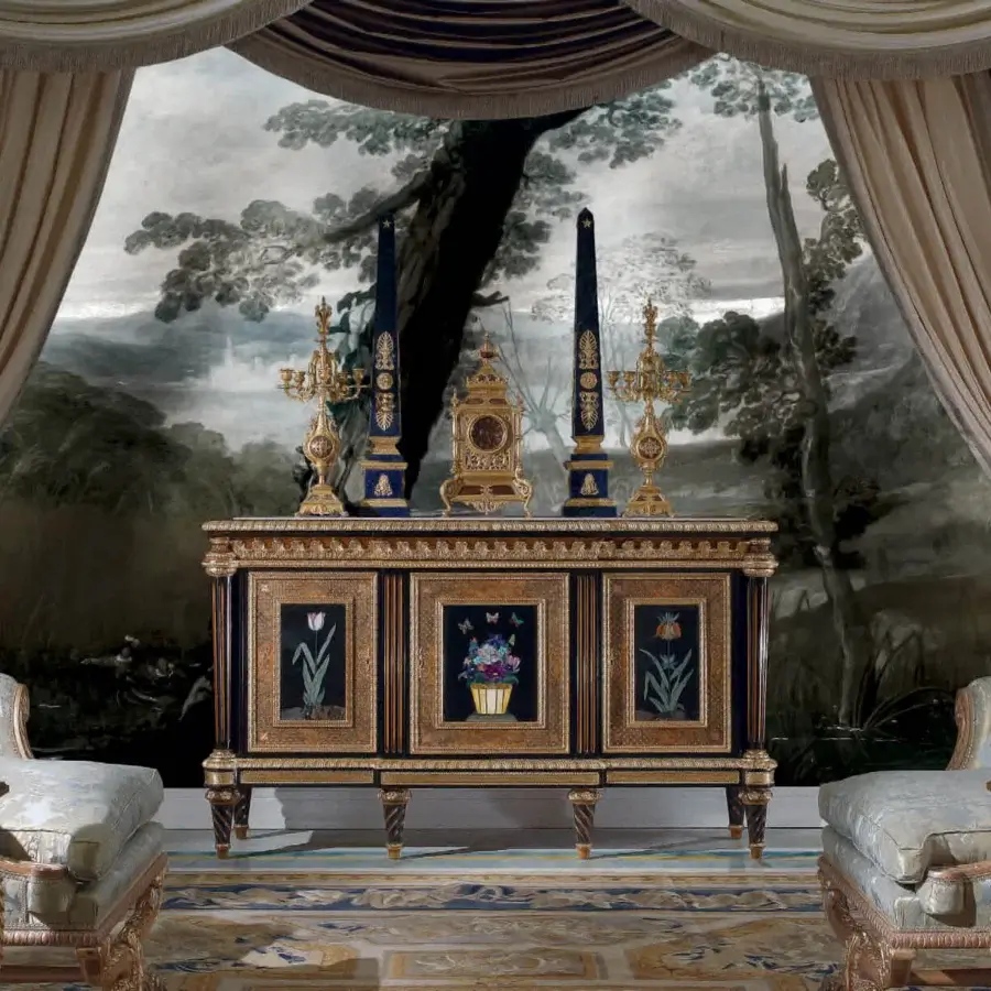 Lavish Armando Rho A1206 sideboard crafted in walnut Persian burl and ebony with precious stone inlays and polished marble top