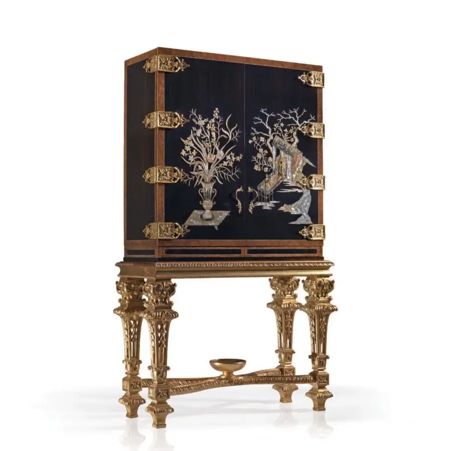 Superior Armando Rho A1164 bar cabinet crafted with luminous gold leaf linden wood and contrasting ebony, adorned in mother of pearl inlay