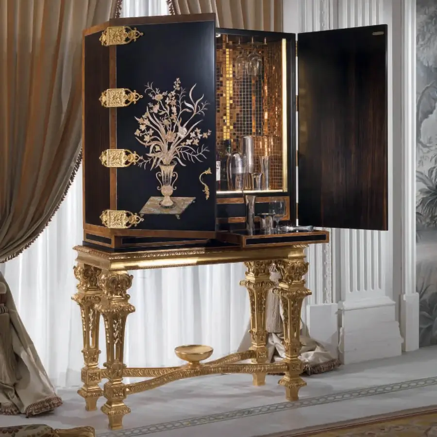 Distinguished Armando Rho A1164 bar cabinet crafted in linden wood with gold leaf finish and ebony top featuring mother of pearl inlays
