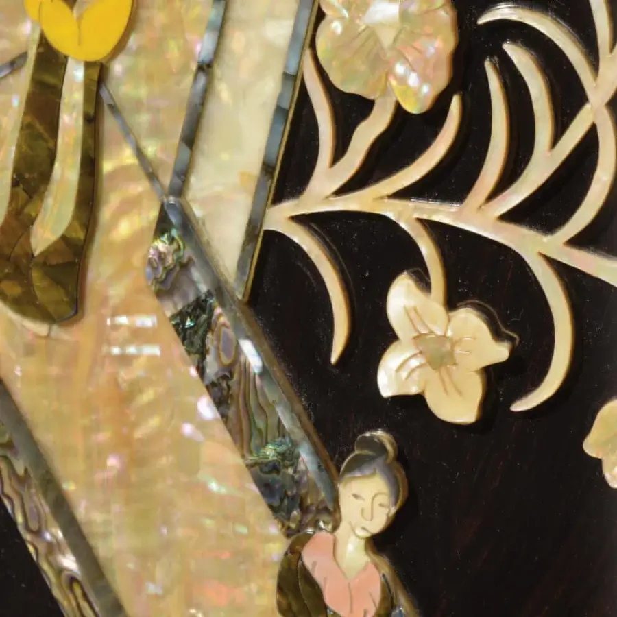 Lavish Armando Rho A1164 bar cabinet in linden wood with gold leaf and ebony, showcasing mother of pearl inlays