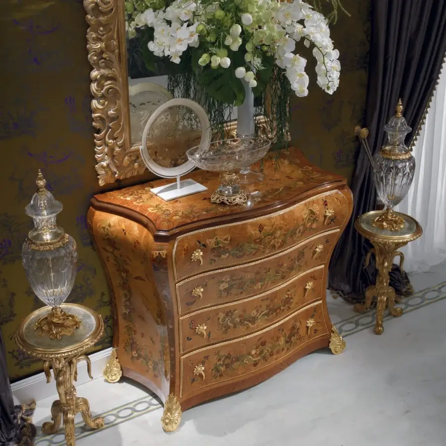 Superior Armando Rho 1160 dresser crafted with bois de rose and bird’s eye maple exhibiting gilded accents and painted floral motifs