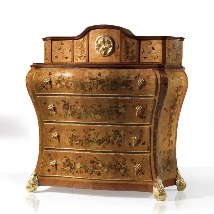 Distinguished Armando Rho 1160 dresser crafted with bois de rose and bird’s eye maple exhibiting glossy butterfly inlays