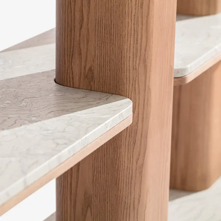 Distinguished Carpanese Home Erice L bookcase crafted with solid ash wood and beveled marble in a warm brown finish