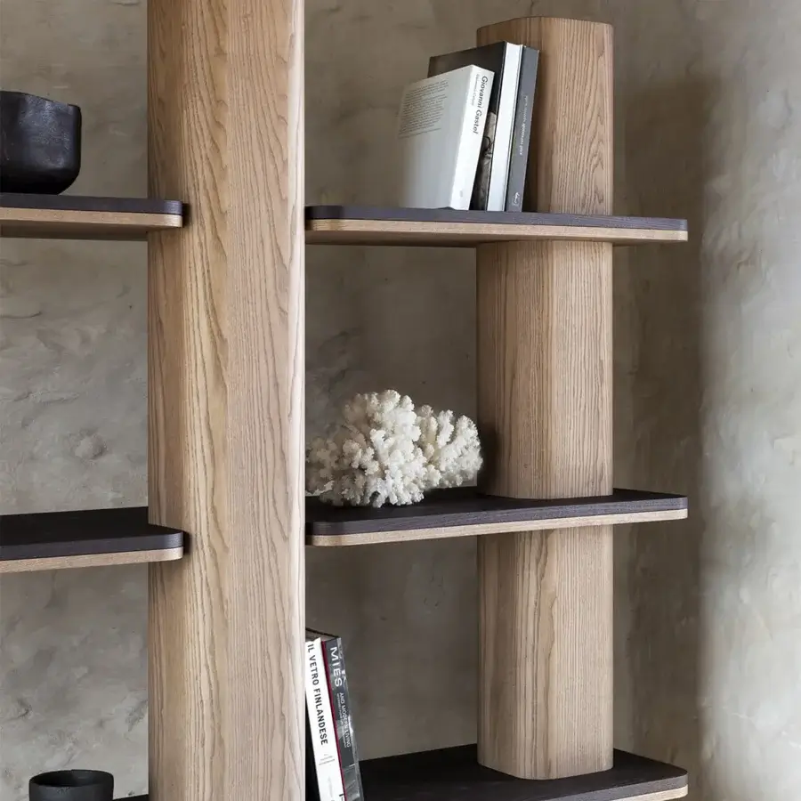 Captivating Carpanese Home Erice L bookcase crafted with solid ash wood exhibiting beveled shelves and a matte finish