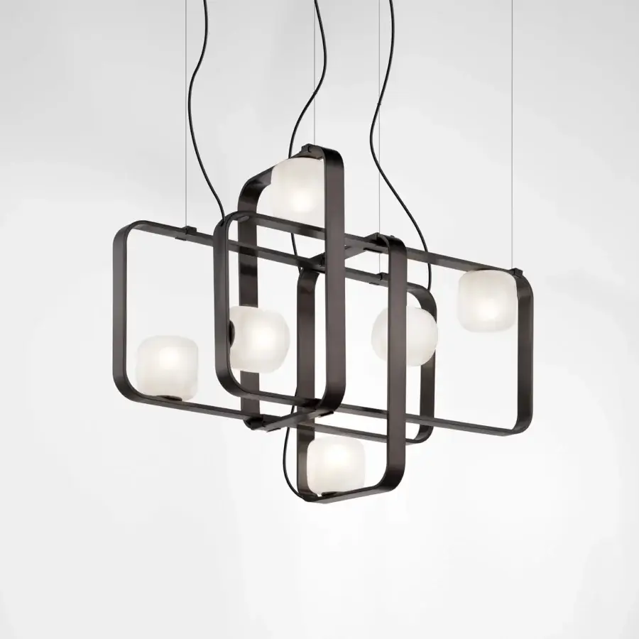 Superior Vistosi Groove suspension lamp with interconnected rectangular metal frames and softly glowing satin white glass spheres in anthracite finish
