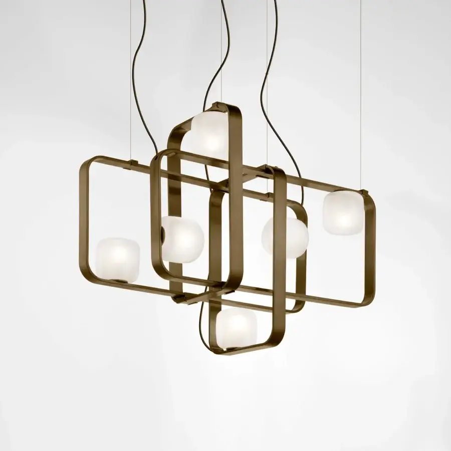 Elegant Vistosi Groove suspension lamp with interconnected rectangular metal frames and satin white glass shades in matte bronze finish