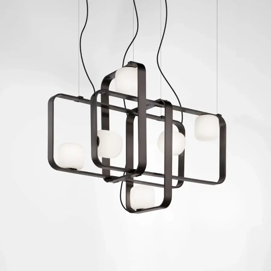 Distinguished Vistosi Groove suspension lamp with interconnected rectangular metal framework and satin white glass crafted in Italy