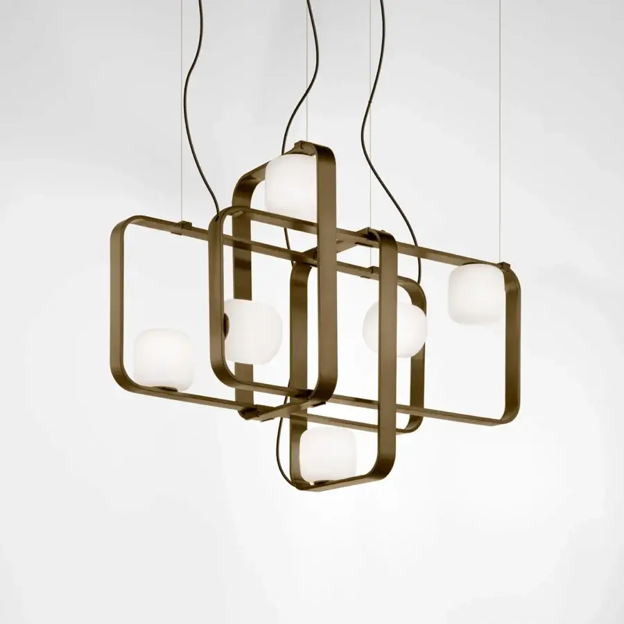 Exceptional Vistosi Groove suspension lamp with geometric metal frames and satin white glass diffusers in a matte bronze finish