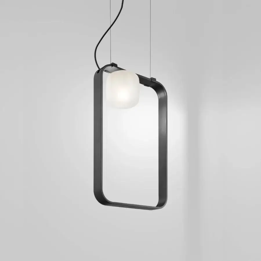 Superior Vistosi Groove suspension lamp with anthracite metal framework and satin white glass diffuser