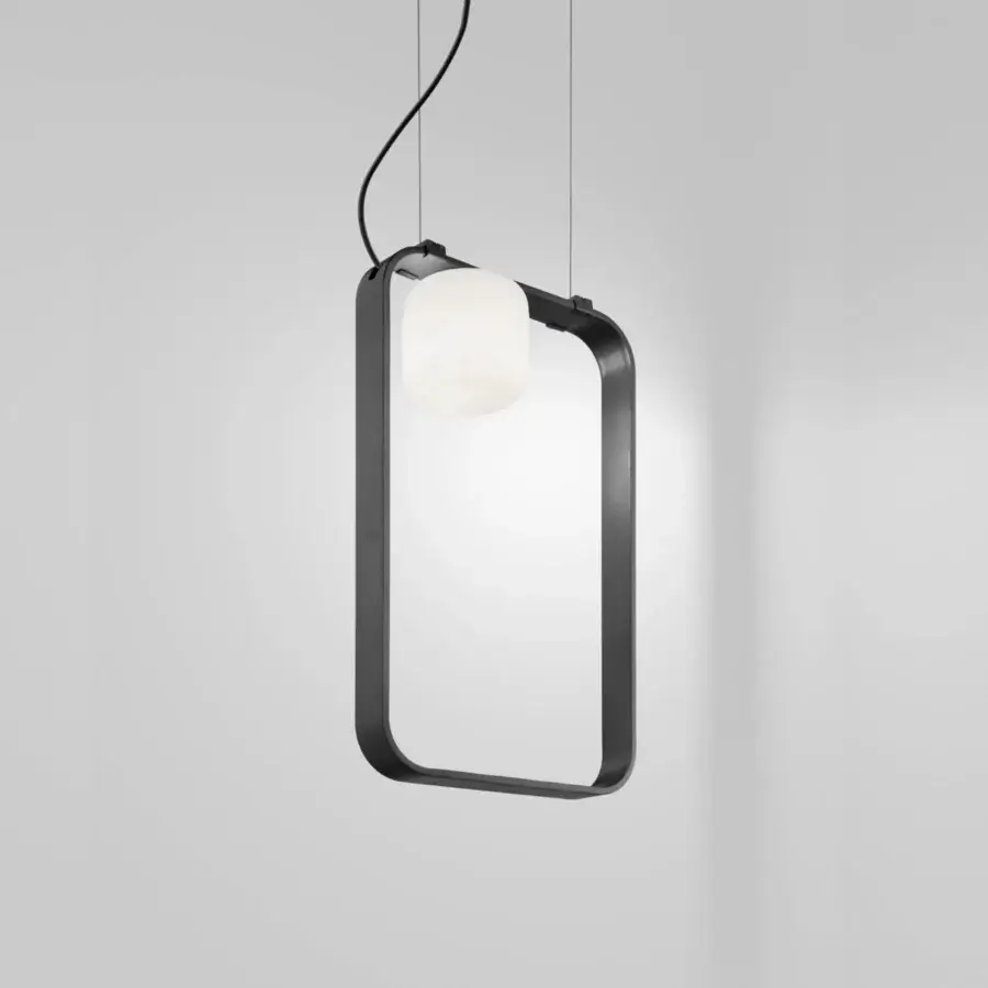 Distinguished Vistosi Groove suspension lamp with a dark anthracite metal frame and softly illuminated satin white glass diffuser