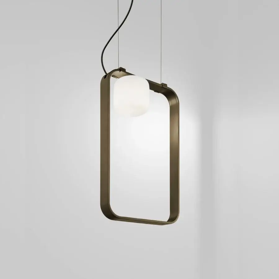 Elegant Vistosi Groove suspension lamp with a matte bronze metal frame and satin white glass shade