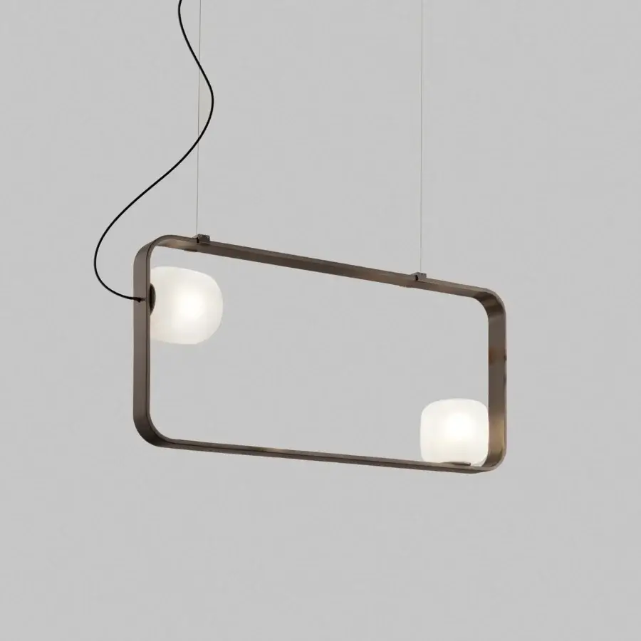 Captivating Vistosi Groove suspension lamp with rectangular metal frames and translucent white glass diffusers in a matte bronze finish