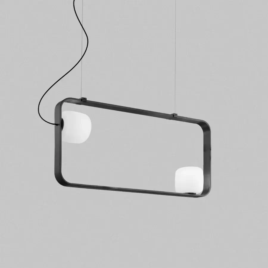 Distinguished Vistosi Groove suspension lamp with rectangular metal frames and softly glowing satin white glass spheres in anthracite finish