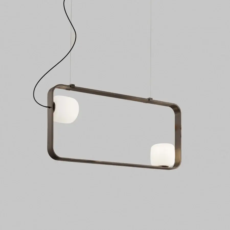 Exceptional Vistosi Groove suspension lamp with dark anthracite metal frames supporting satin white glass spheres crafted in Italy