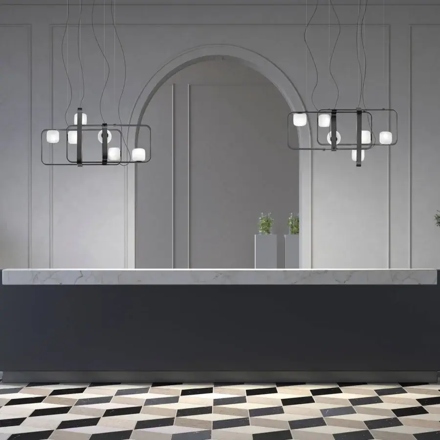 Superior Vistosi Groove suspension lamp with rectangular anthracite metal frames and softly diffused satin white glass spheres