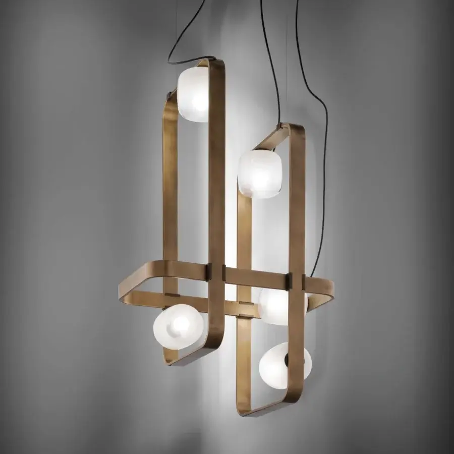 Elegant Vistosi Groove suspension lamp with geometric rectangular metal frames and satin white glass shades in a warm gold finish