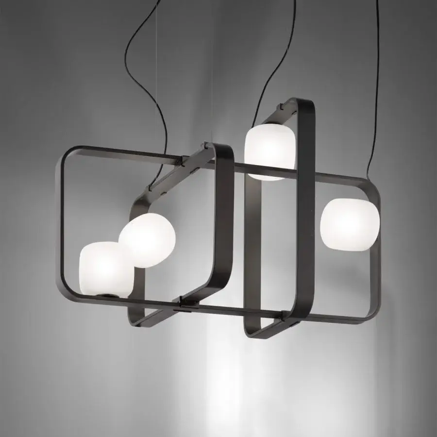 Distinguished Vistosi Groove suspension lamp with rectangular anthracite metal frames and softly glowing satin white glass shades