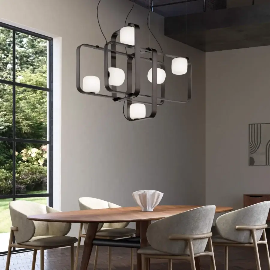 Superior Vistosi Groove suspension lamp with interconnected rectangular metal frames and satin white glass spheres in dark anthracite finish