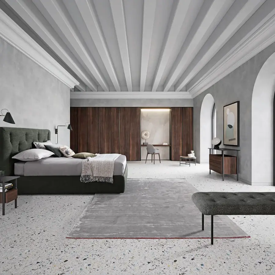 Exceptional Dallagnese Bars bed with a dramatically tall tufted headboard and integrated wooden side tables in muted gray fabric with satin wood finish