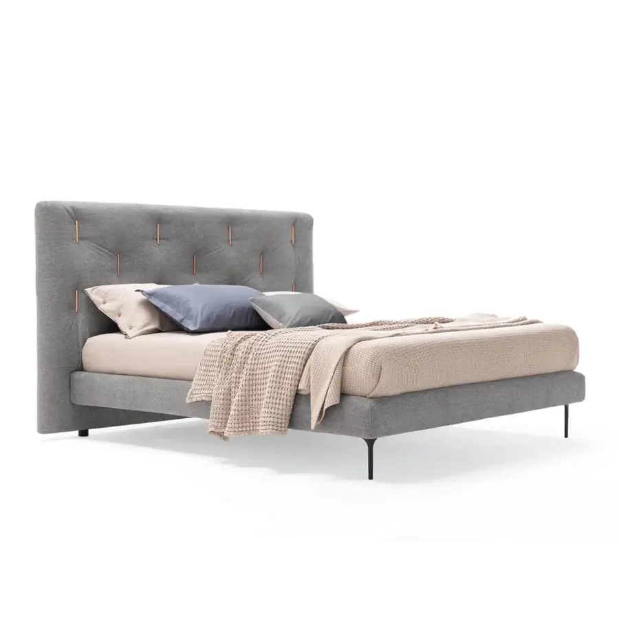 Elegant Dallagnese Bars bed with vertically tufted headboard upholstered in medium gray fabric or eco-leather and dark metal legs