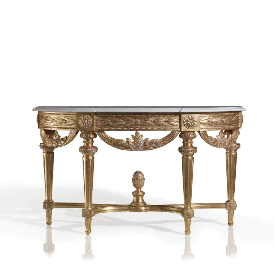 Exceptional Armando Rho A1143 console with pale blue-grey marble tabletop and luminous gold leaf finish crafted in Italy