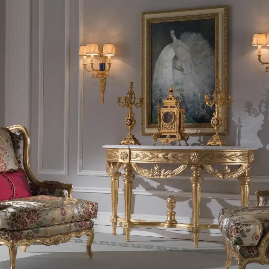 Lavish Armando Rho A1143 console crafted in Italy with white marble tabletop and gold leaf finish