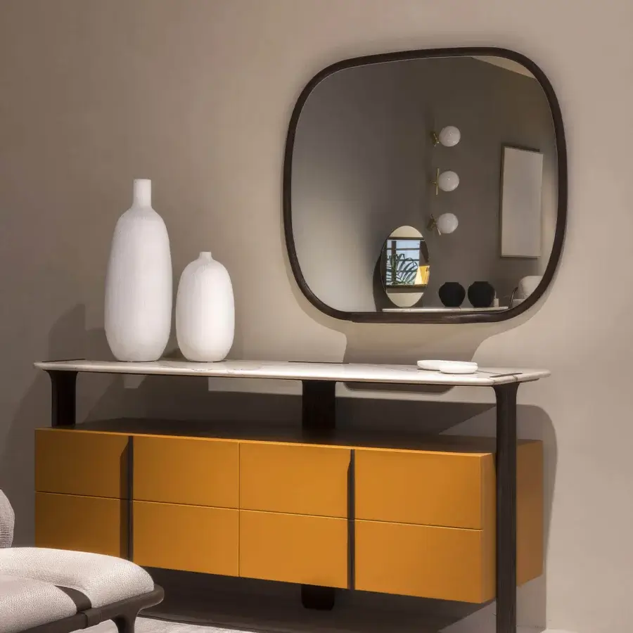 Exceptional Carpanese Home Shine mirror crafted with solid ash wood and natural glass in a black matte finish