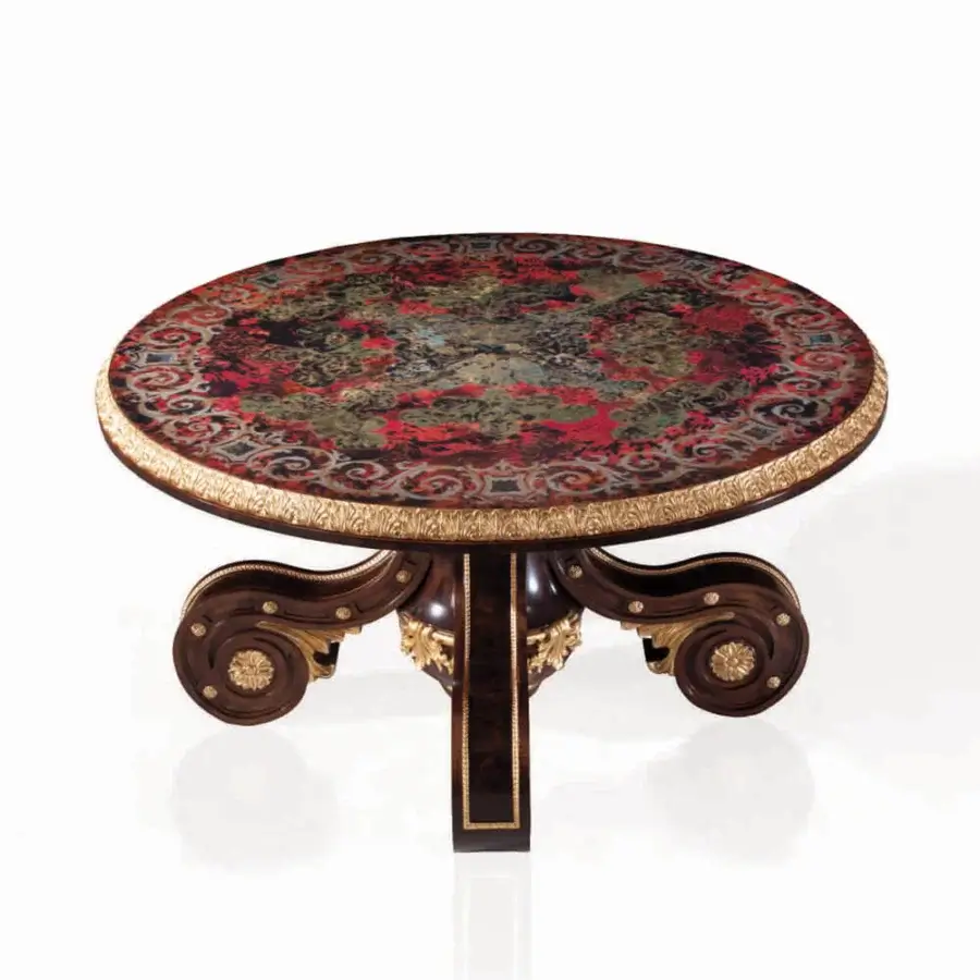 Distinguished Armando Rho A1240 foyer table with red floral textile tabletop and walnut burl base crafted with gold leaf accents