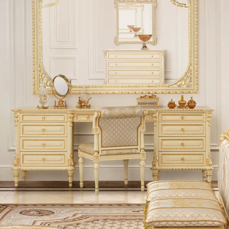 Superior Modenese Golden Radiance vanity with off-white finish and ornate gold detailing crafted in Italy with nine drawers and cushioned stool