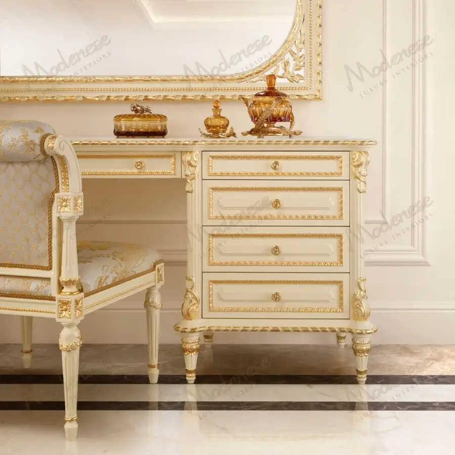 Distinguished Modenese Golden Radiance vanity crafted in Italy with off-white glossy finish and gilded carved floral motifs
