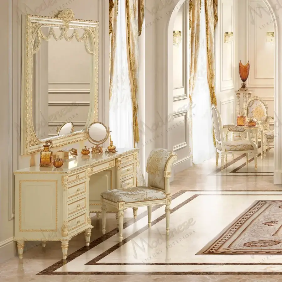 Exquisite Modenese Golden Radiance vanity crafted in Italy with cream-colored wood, gold ornamentation and nine drawers for storage