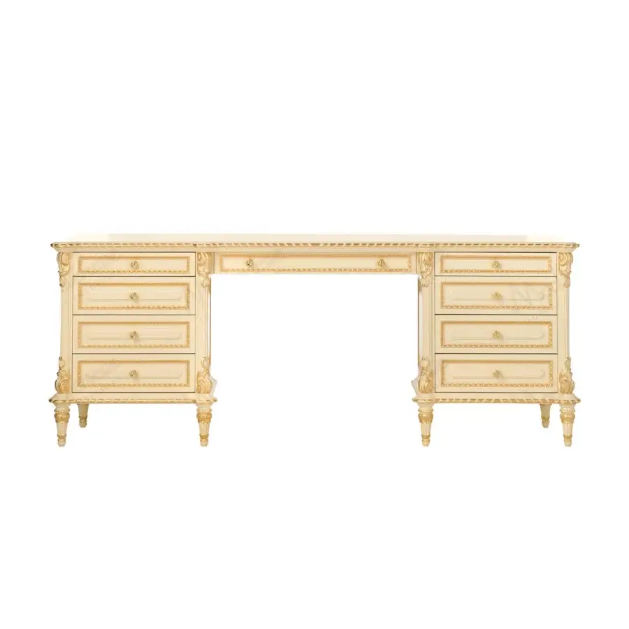 Superior Modenese Golden Radiance vanity crafted in radiant golden-yellow with nine drawers and gently curved legs
