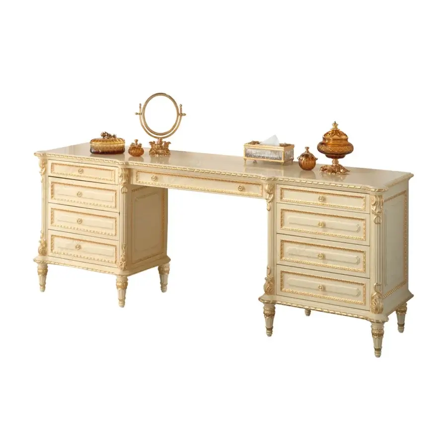 Distinguished Modenese Golden Radiance vanity crafted in pale cream with gilded gold accents and a glossy finish