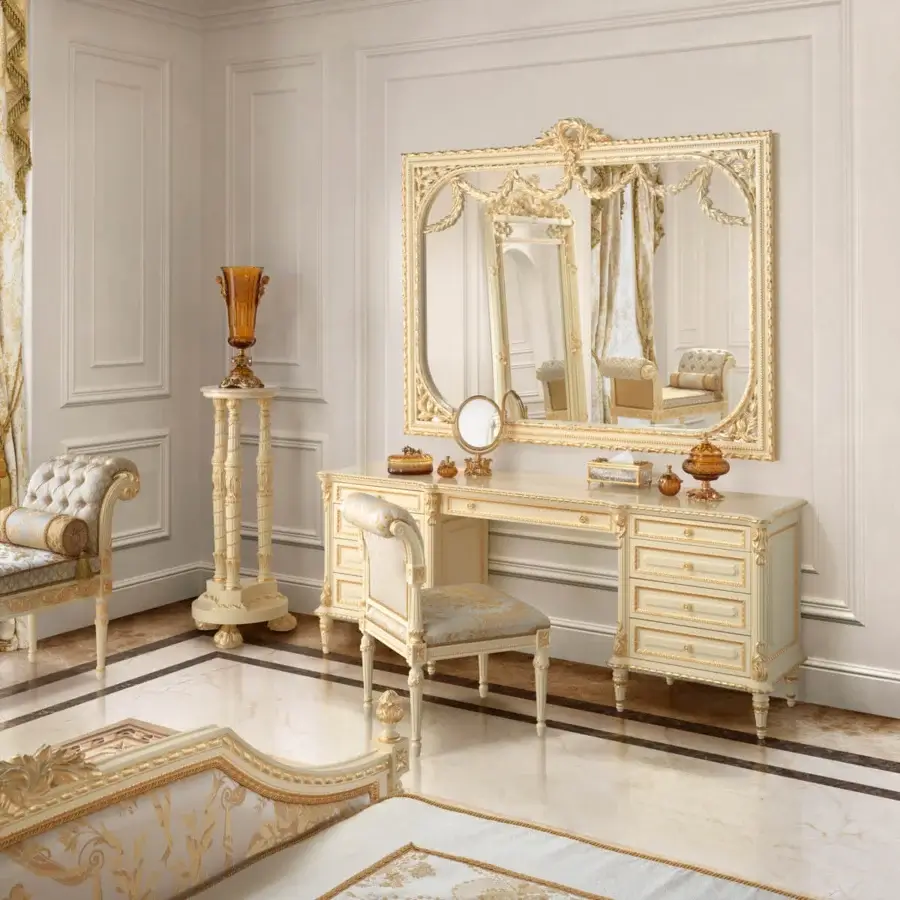 Exquisite Modenese Golden Radiance vanity crafted in pale cream with ornate gold detailing and carved floral motifs evoking classic style