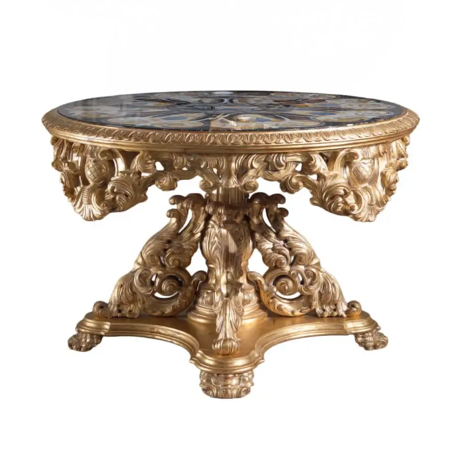 Lavish Armando Rho A1153 foyer table crafted in marble with delicate inlaid ornamentation and radiant gold leaf finish