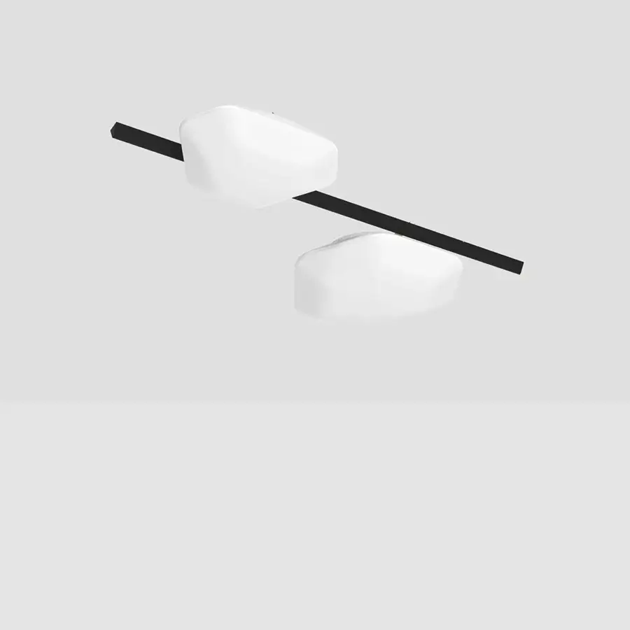 Exceptional Vistosi Modulor ceiling lamp with organically shaped white beveled glass diffusers and sleek black connections