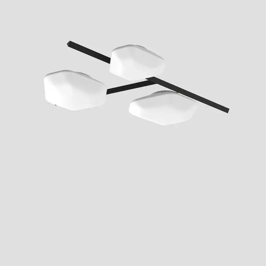 Elegant Vistosi Modulor ceiling lamp with organically shaped opaque white shades and sleek black metal framework