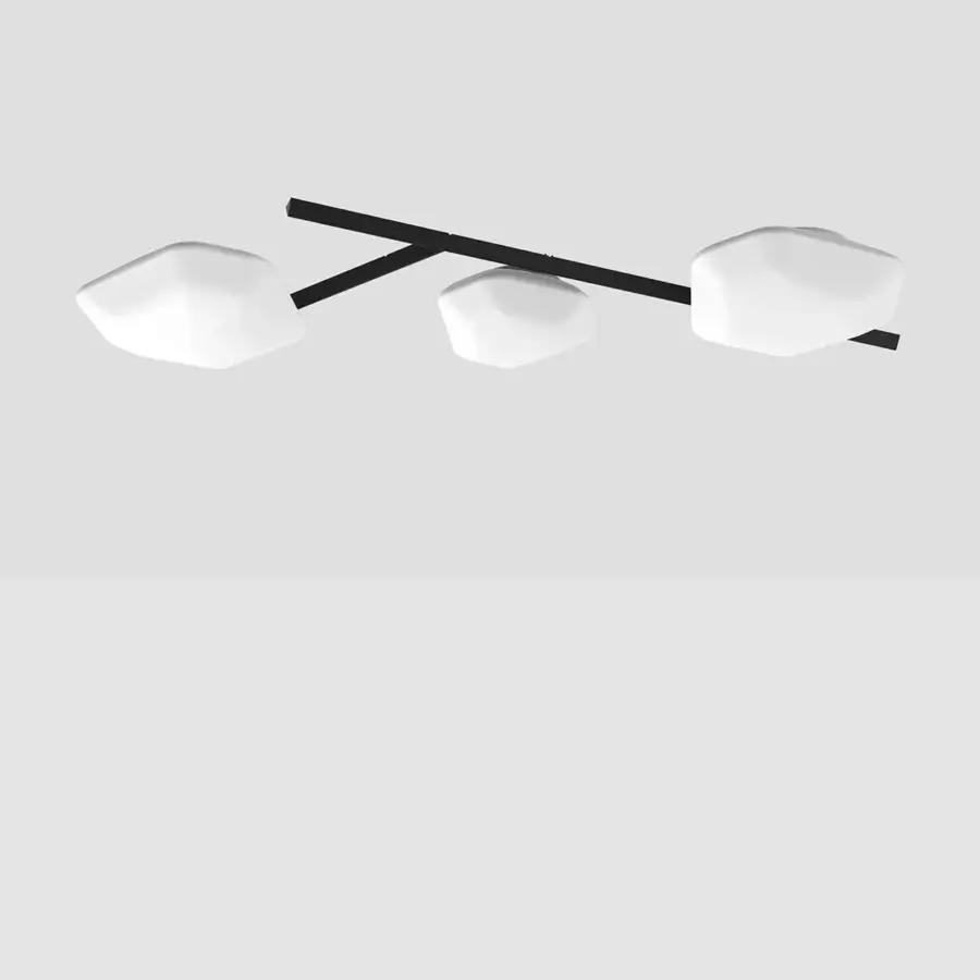 Superior Vistosi Modulor ceiling lamp with a matte black metal track supporting four opaque white shades exhibiting organic forms