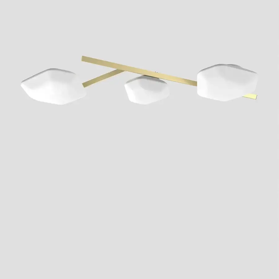 Captivating Vistosi Modulor ceiling lamp with cloud-like beveled glass elements and a satin gold metal framework crafted with a smooth matte white finish