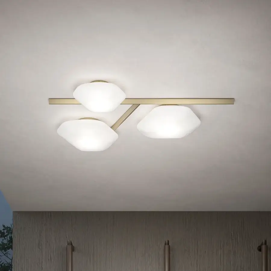 Distinguished Vistosi Modulor ceiling lamp with opaque white glass globes and a satin brass-toned metal bar