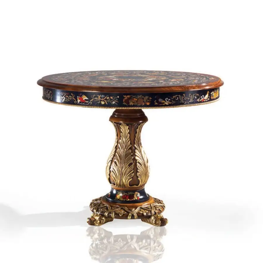 Exceptional Armando Rho A1194 foyer table handcrafted in ebony with intricate inlays and gilded accents on the classically-inspired base