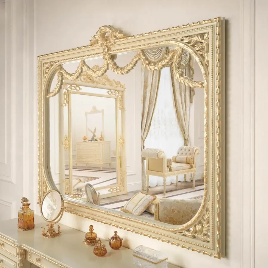 Lavish Modenese Golden Radiance shaped mirror crafted in wood with floral motifs and glossy gold finish