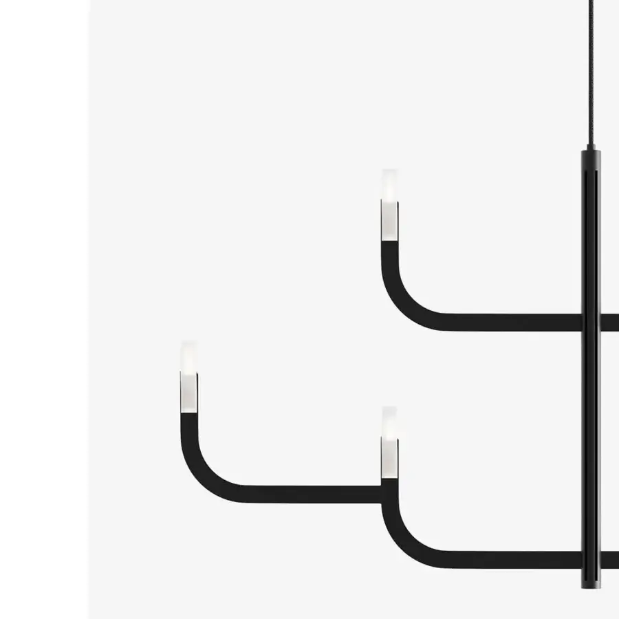 Distinctive Luceplan J-Us chandelier crafted in layered materials with a matte black finish and translucent white cylinders