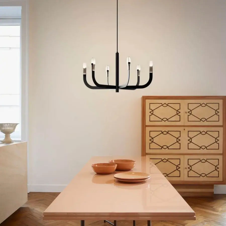 Avant-garde Luceplan J-Us chandelier crafted in layered materials with a matte black finish for modern interiors
