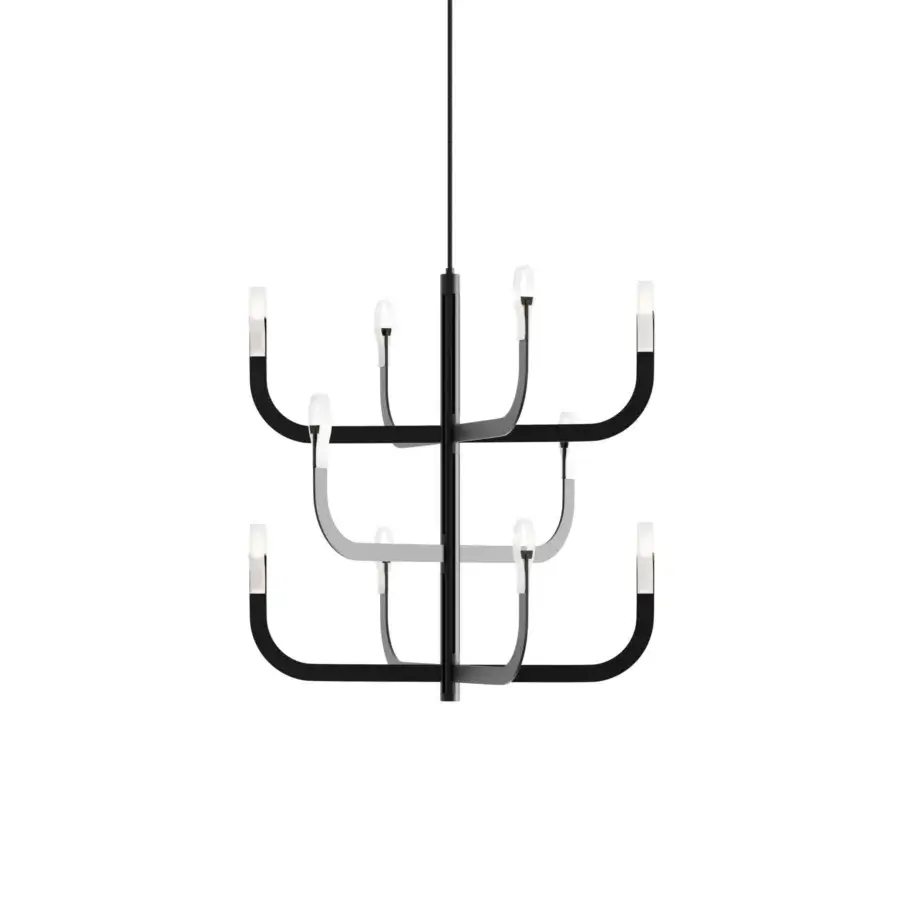Distinguished Luceplan J-Us chandelier crafted in layered materials and metal with a matte dark tone finish